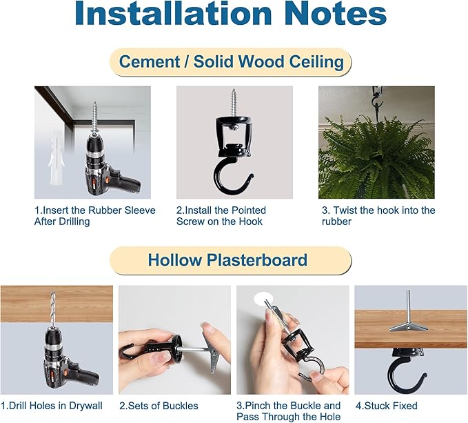 Ceiling Hooks for Hanging Plants (2 PCS Black),Heavy Duty Metal Plant Hooks, Screw in Hooks for Hanging Birdfeeders, Lamps, Planters, Outdoor Decorative Hooks up to 33 lbs