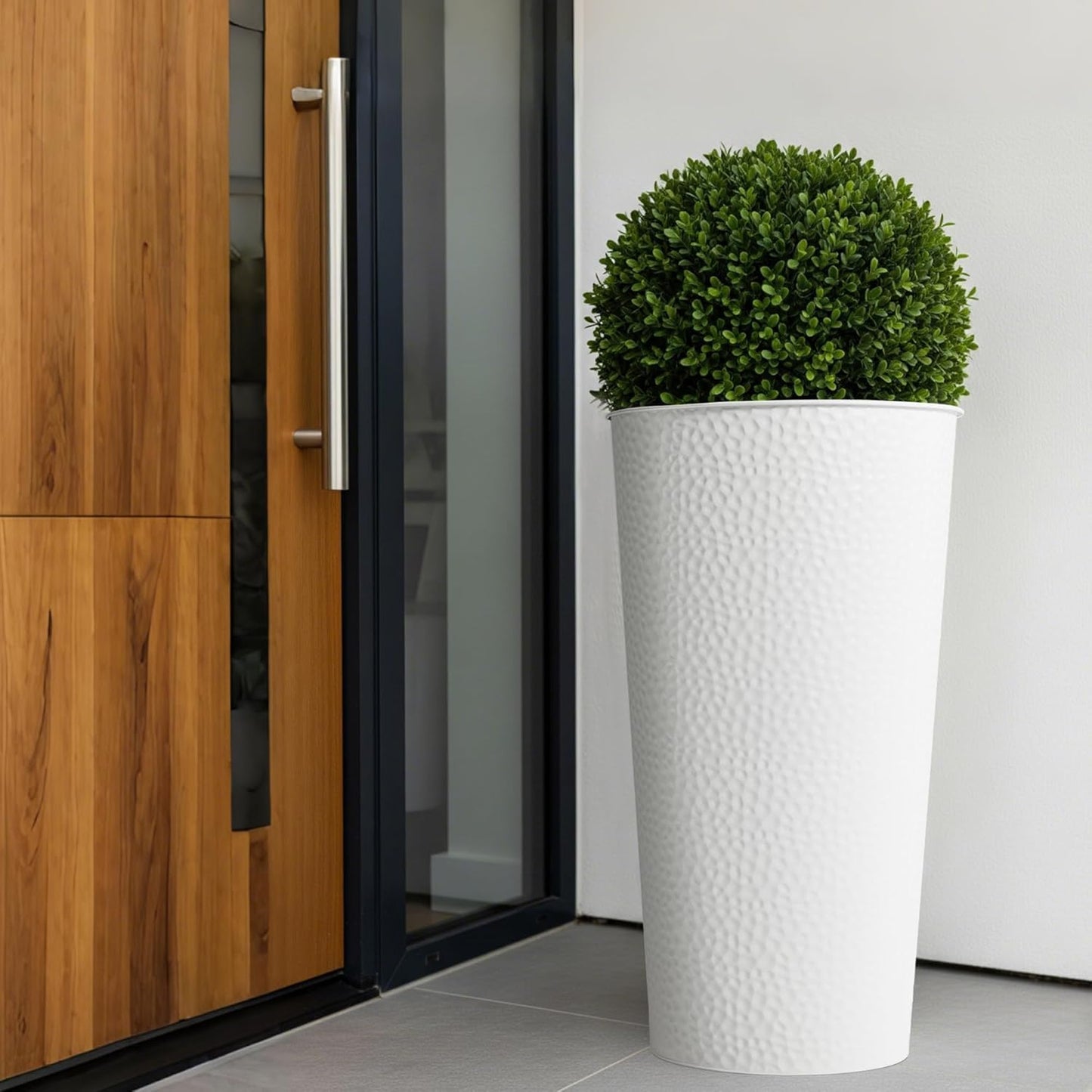 Worth Garden 2-Pack 28" H. Metal Planter with 2X Inside Pots - Hand-Hammered Texture Tall Cone Plant Pots - Large Handcrafted Flower Pot for Indoor Outdoor, Deck, Patio, Front Porch - White