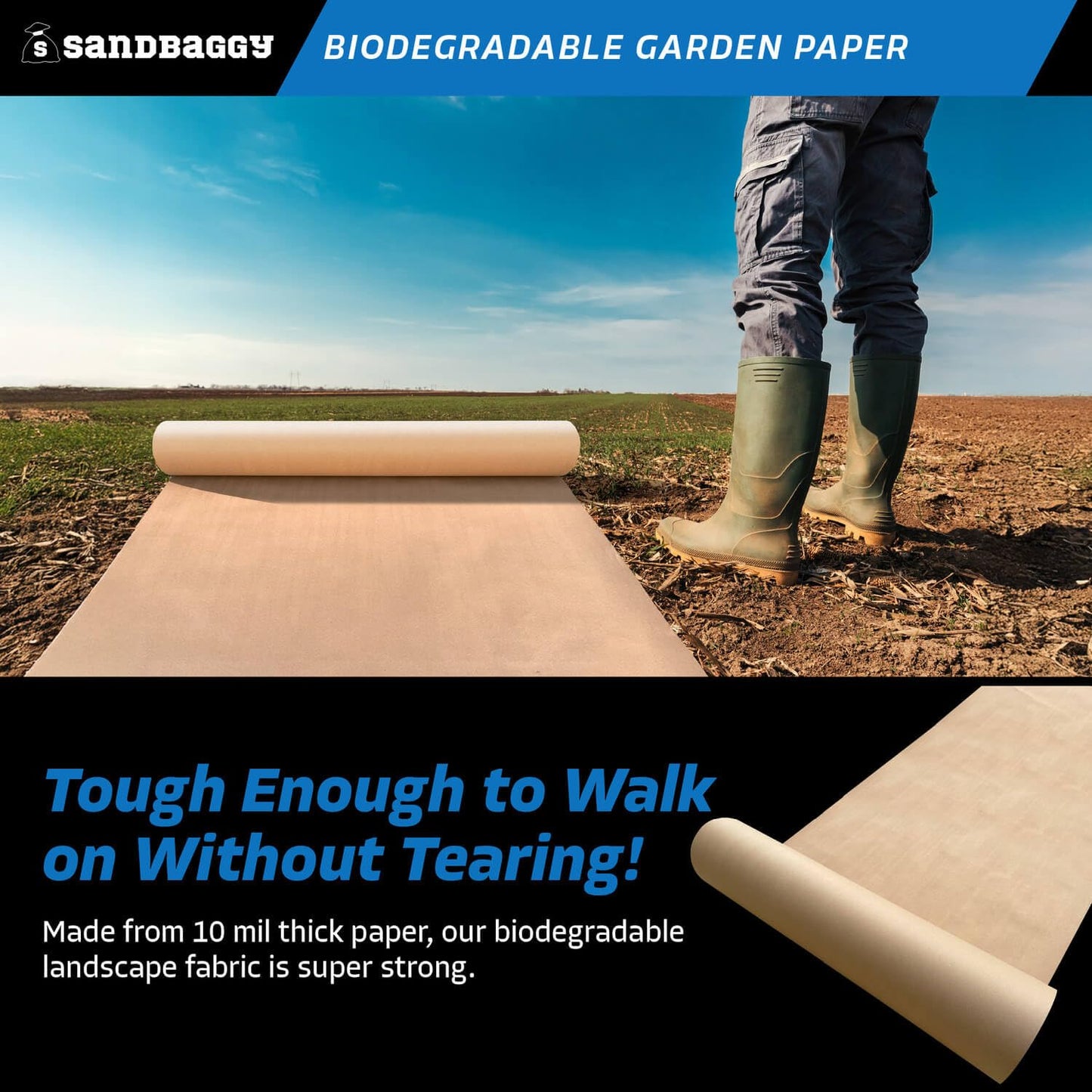 Sandbaggy Biodegradable Landscape Fabric - Garden Paper for Weeds - Paper Mulch Rolls (3 ft x 475 ft, 25)