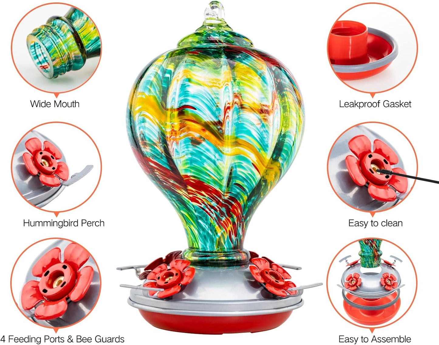 Muse Garden Hummingbird Feeders Blown Glass Hummingbird Feeder, Garden Backyard Decor for Outside, 32OZ, Rainbow Spirit