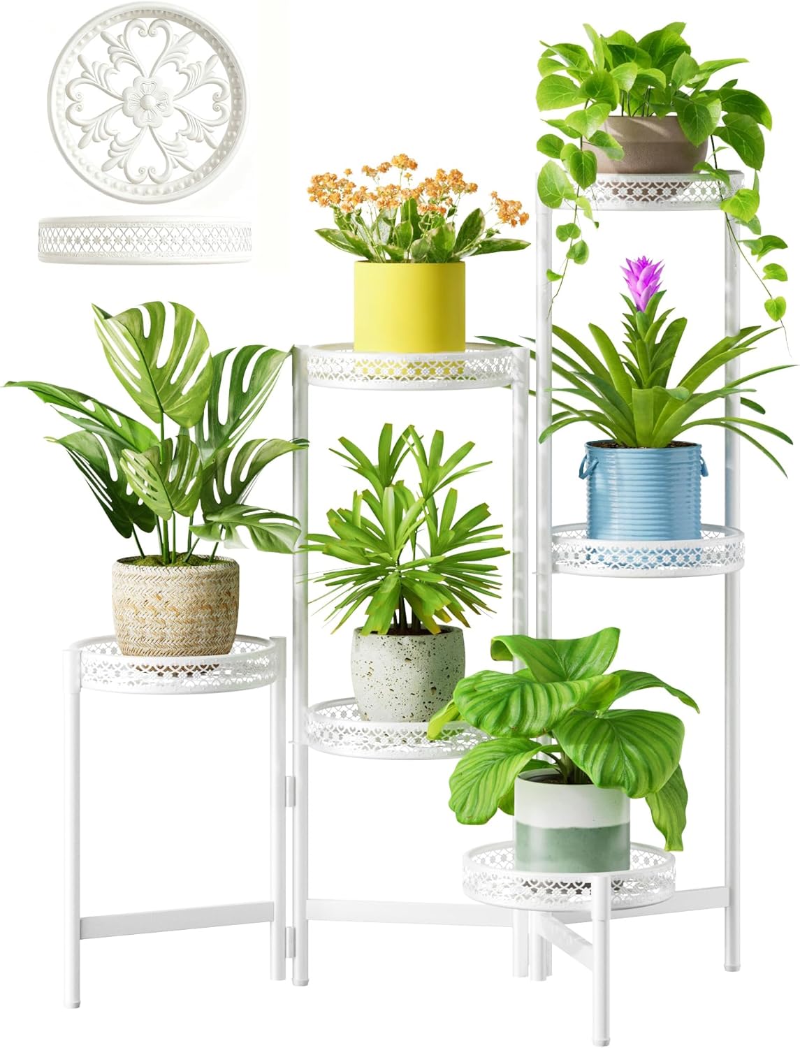 6 Tier Metal Plant Stand, 6 Potted Multiple Flower Pot Holder Shelf, Indoor&Outdoor Folding Planter Display Shelves for Patio Garden, Living Room, Corner Balcony, Bedroom - WhiteWave