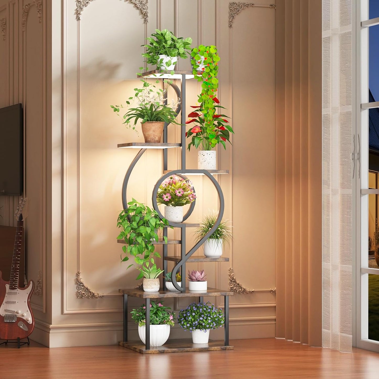 Plant Stand Indoor with Grow Light,8 Tiered Indoor Plant Stand,58" Tall Plant Flower Shelf,Creative Note Shaped Plant Holder for Home,Patio,Brown