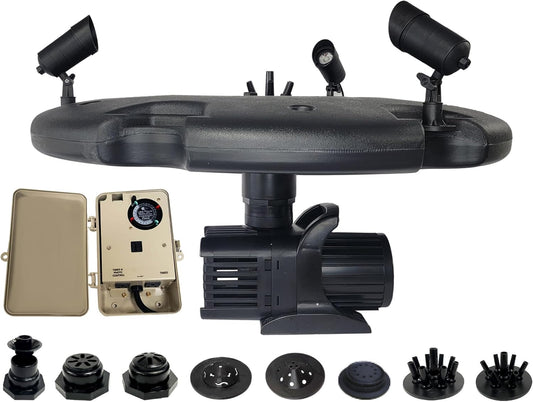 HALF OFF PONDS Floating Fountain – 1.5 HP Pond Aerator, 100' Cord – 12,500 GPH Water Pump – 11 Spray Patterns - Color-Changing LED Lights & Control Box - for Large Ponds, Lakes & Water Gardens
