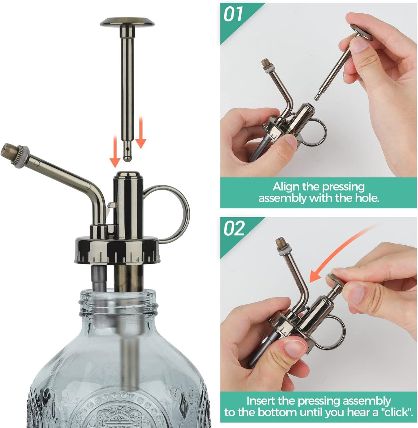 T4U Glass Plant Mister 200ML, Vintage Spray Bottle with Top Pump Fine Mist Garden Flower Sprayer Small Decorative Spritzer Watering Can Gift for Indoor Outdoor Succulent House Plant (Grey)