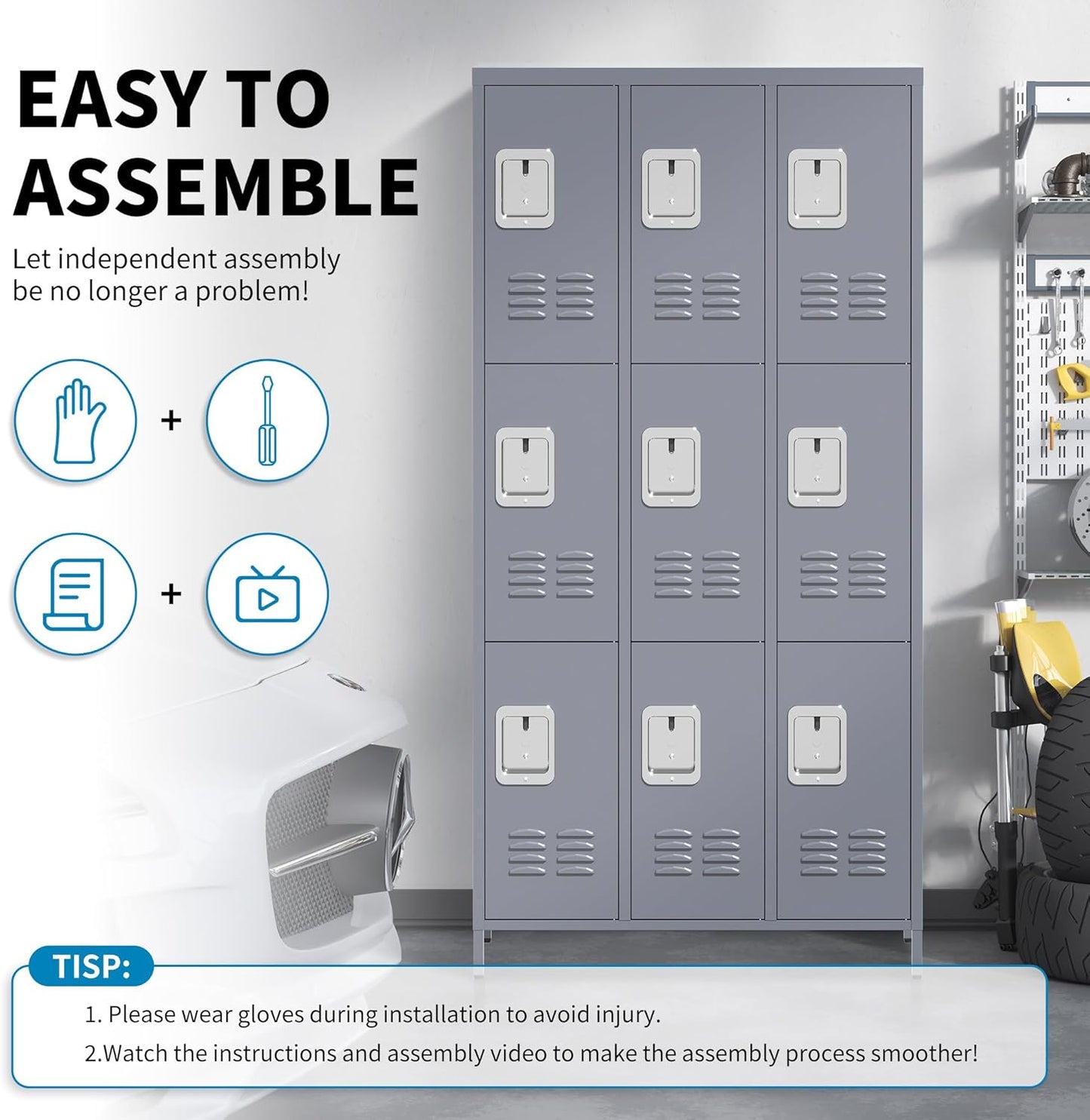 Metal Lockers for Employees, Storage Employee Locker, 72" Storage Lockers with Shelves Steel Cabinet for Home (Gray, 9 door-72'')