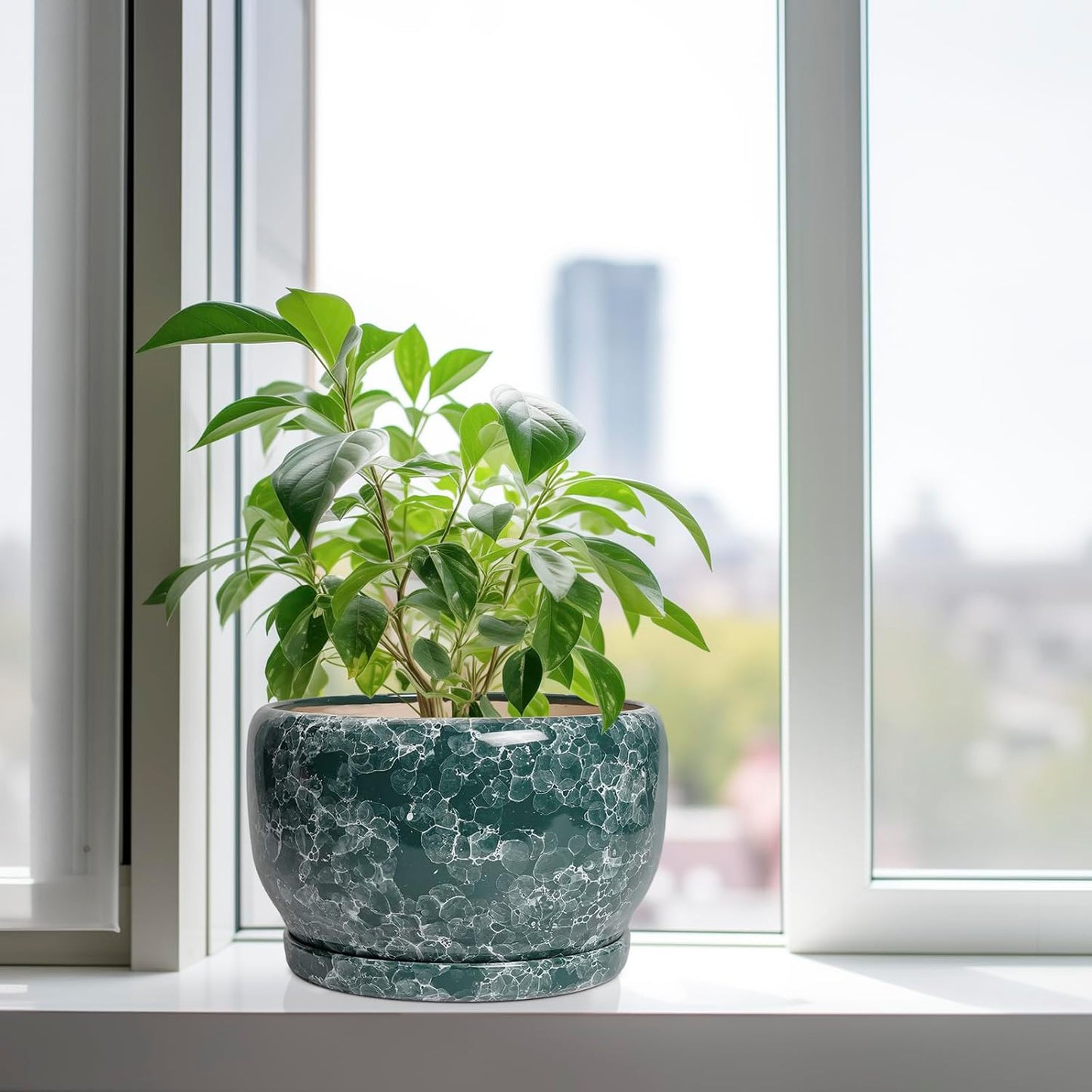 SQOWL 10 Inch Plant Pot - Ceramic Planter for Indoor Plants Outdoor, Large Ceramic Flower Pot with Drainage Hole and Saucer, Decorative Round Planter, Living Room Decor, Gifts for Women Men, Green