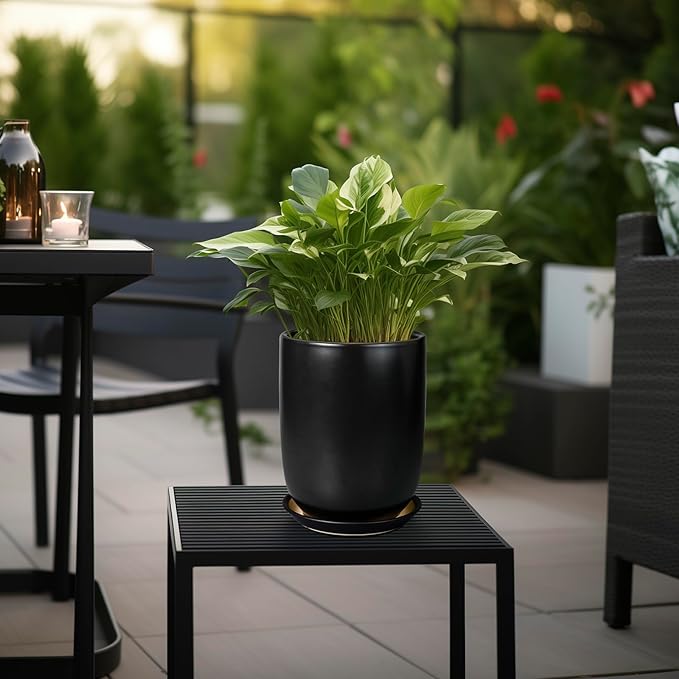 Ceramic Planter 8 Inch - Plant Pot for Indoor Outdoor Plants Cylinder Flower Pot with Drainage Hole and Saucer Black