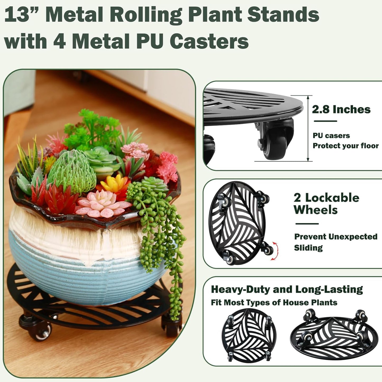 2 Packs Metal Plant Caddy with Wheels 13” Heavy-duty Wrought Iron Rolling Plant Stands with Casters Indoor and Outdoor Plant Pot Roller Base Plant Saucer Movers Black, Strong Load Capacity