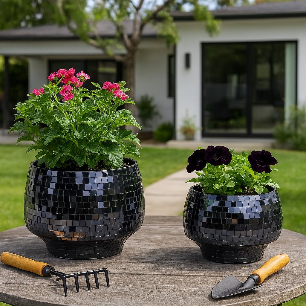Flower Pots and Planters for Home Decor – Mosaic Indoor and Outdoor Plant Pots for Garden, Patio, or Room – Modern Pots for Indoor Plant Stand for Herbs, Succulents, or Ferns Set of 2 – 8", 6" Black