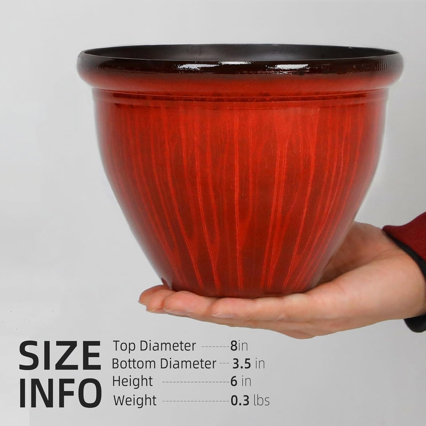 Worth Garden 8-Inch Dia. Round Red Plastic Planters with Drain Holes, 5.9-Inch Height - 2-Pack Glossy Finish Bell-Shaped Plant Pot – Lightweight Indoor/Outdoor Flower Pots