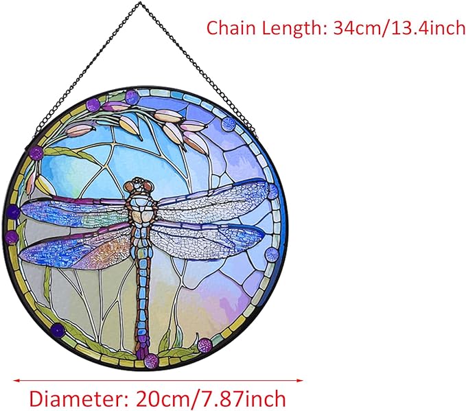 Hanging Stained Glass for Windows,20cm/7.87inch Dragonfly Hand-Painted Sun Catcher Garden Hangings Christmas Mother's Day, Valentine's Day Ornaments Festival Gift (C Style)