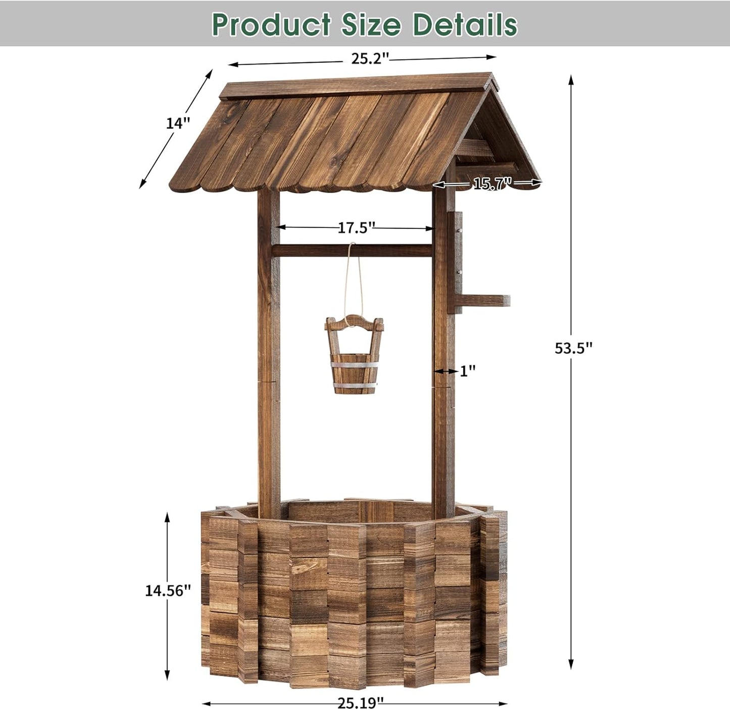 Wooden Wishing Well Planter for Outdoors with Hanging Bucket, Rustic Flower Planter Patio Garden Decorative, Brown (Brown)