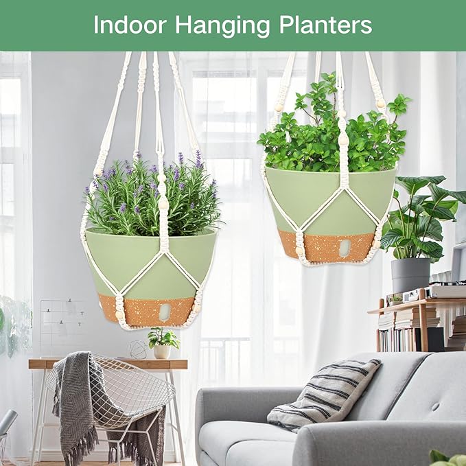 QCQHDU 2 Pack Hanging Planters for Indoor Plants, Outdoor Flower Hanging Baskets, Self Watering Pots with Drainage Holes & Removable Tray (Green, 10 inch, Macrame Hanger)