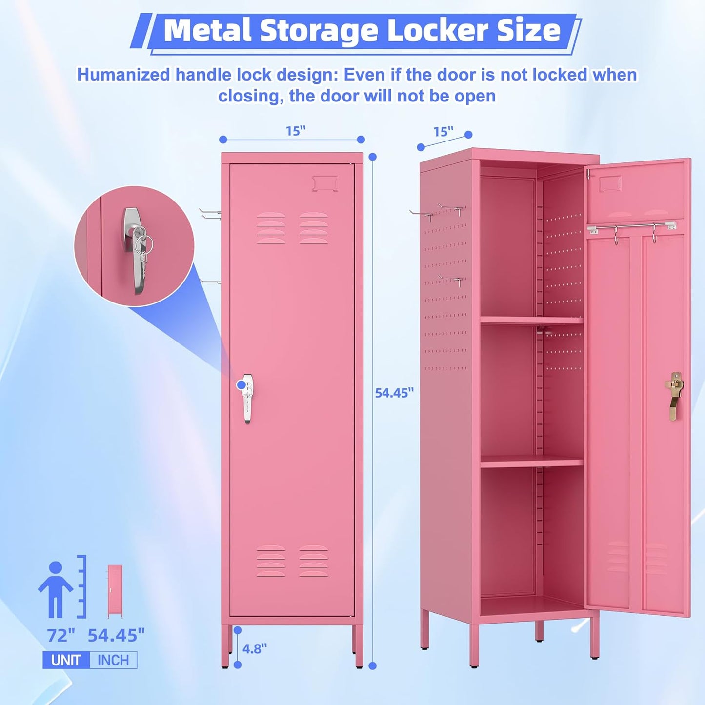 Metal Storage Locker with Pegboard and Hooks,Metal Locker for Employees with Handle and Hanging Rod for Gym, School, Office,Home,Garage,Assembly Required,Pink