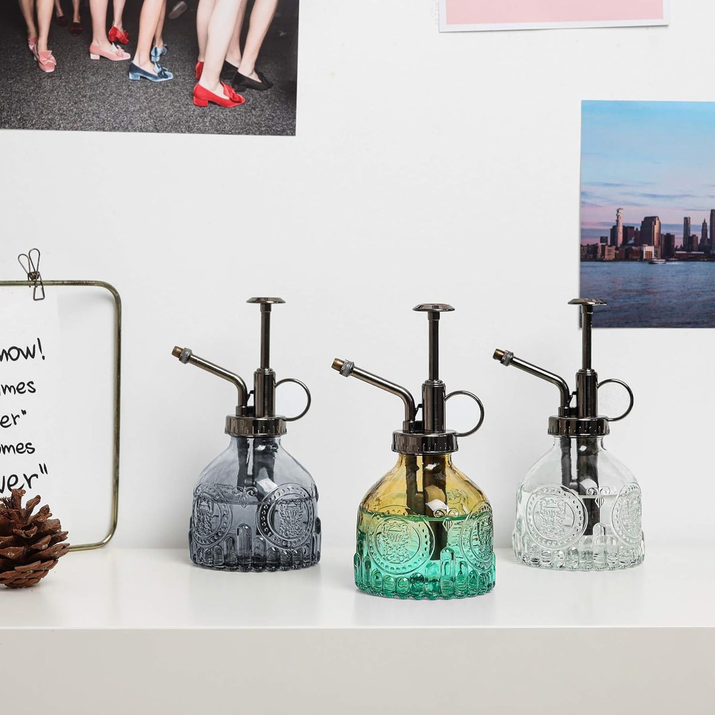 T4U Glass Plant Mister 200ML, Vintage Spray Bottle with Top Pump Fine Mist Garden Flower Sprayer Small Decorative Spritzer Watering Can Gift for Indoor Outdoor Succulent House Plant (Clear)