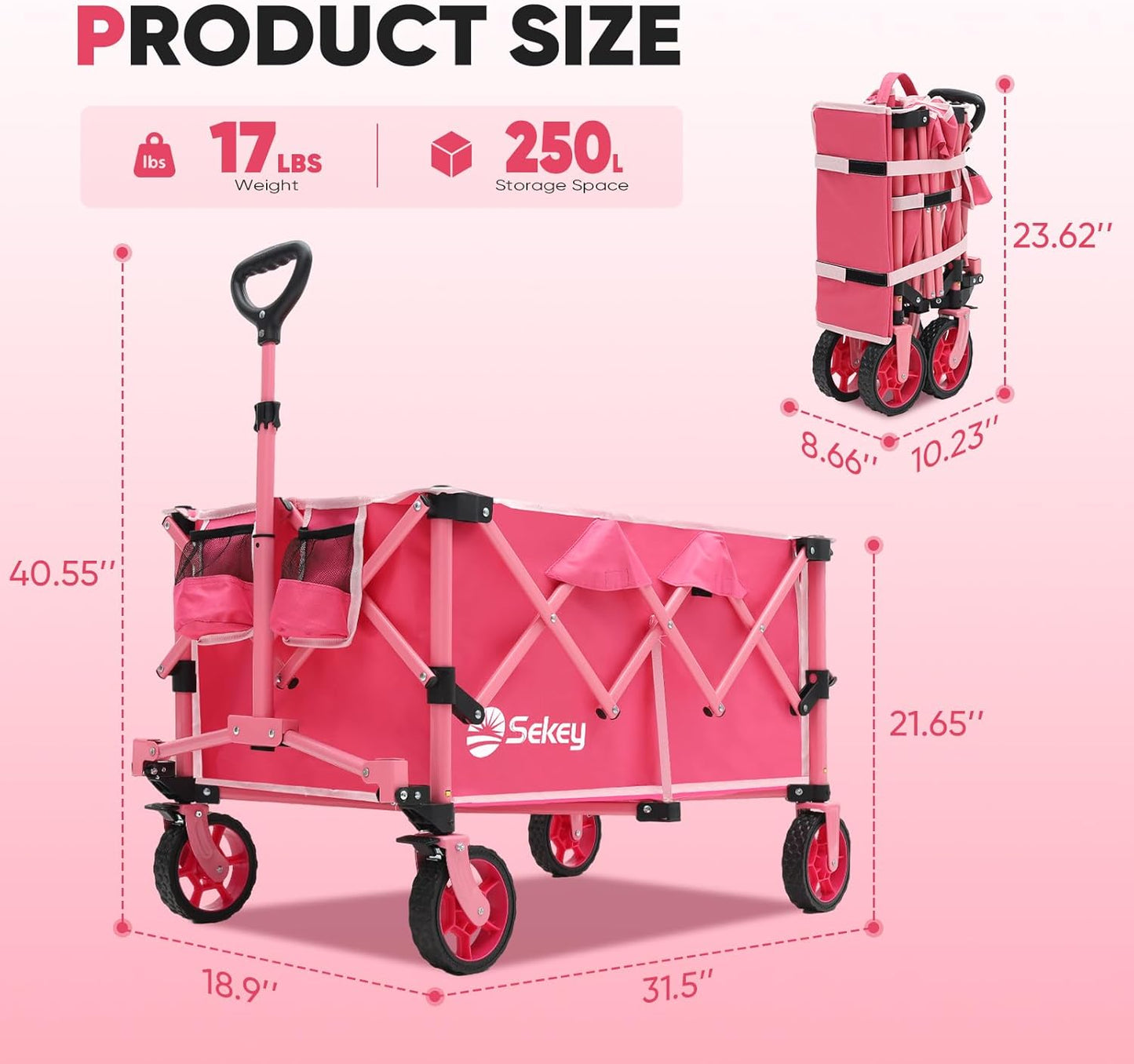 Sekey Pink Collapsible Foldable Wagon with 330lbs Weight Capacity, Heavy Duty Folding Wagon Cart with Big All-Terrain Wheels & Drink Holders. Pink
