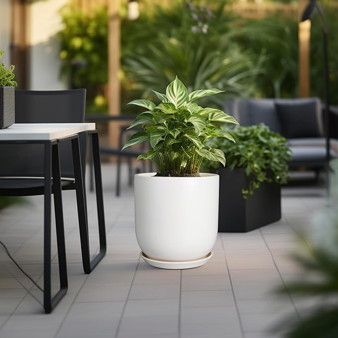 Plant Pot 12 inch - Ceramic Pot for Plants Indoor Outdoor Large Planter Pot with Drainage Hole and Saucer Mid-Century Modern Flower Pot Cylinder White