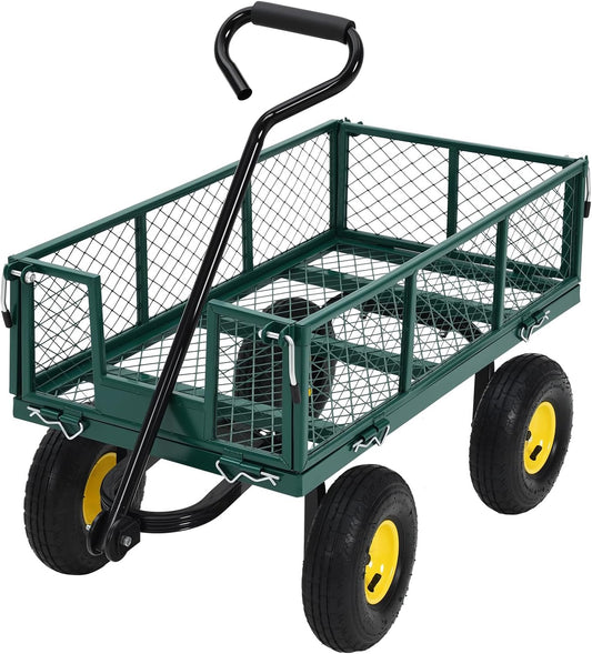 Heavy Duty Steel Garden Cart, 550LBS Pullable Metal Garden Wagon with 10" Wheels, 180° Rotating Handle and Removable Sides for Outdoor, Farm, Yard, Beach ﻿