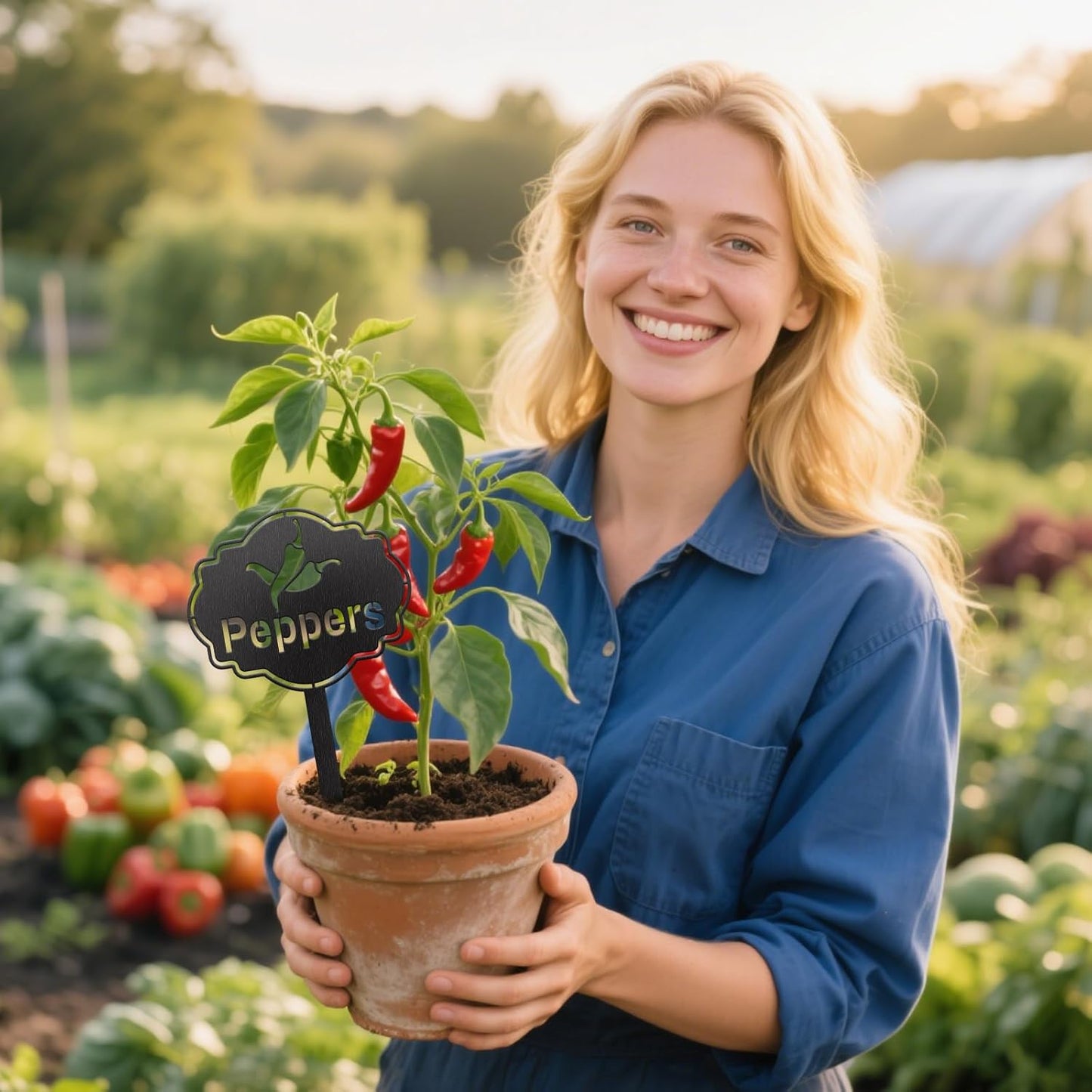 CUTHOLLOW Metal Plant Marker Stake Peppers for Outdoor Indoor, Waterproof 11.8 inch Cute Garden Plant Labels Sign Tag for Vegetables, Farmhouse Greenhouse Decor - Funny Gardening Gifts