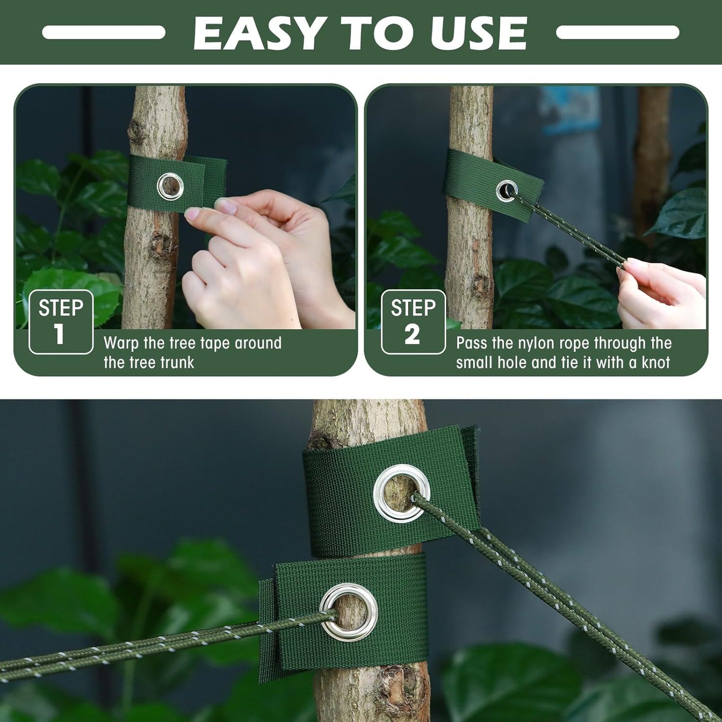 Sintuff 9 Set Heavy Duty Tree Stake Kit 5.91 Inches/ 15 cm Tree Straps for Staking and 13.12 ft/ 4 m Dock Lines Rope for Support Anchoring Home Leaning Plant Straightening Garden Tent (Green)