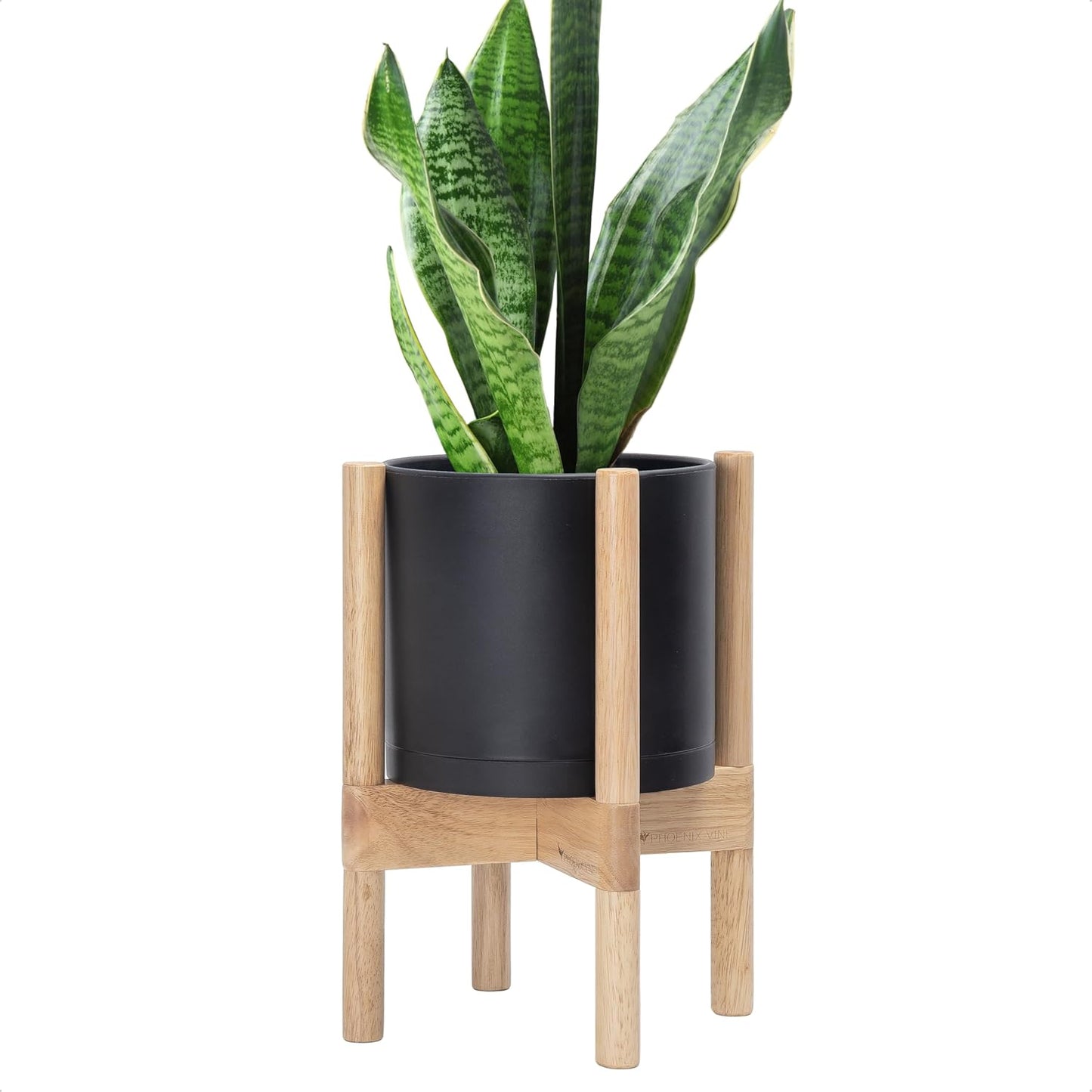 D'vine Dev Planter Pot with Stand - 8 Inch Plastic Cylinder Flower Pot with Wood Planter Holder for Indoor, Matte Black Pot + Natural Stand, 55-C-J-2