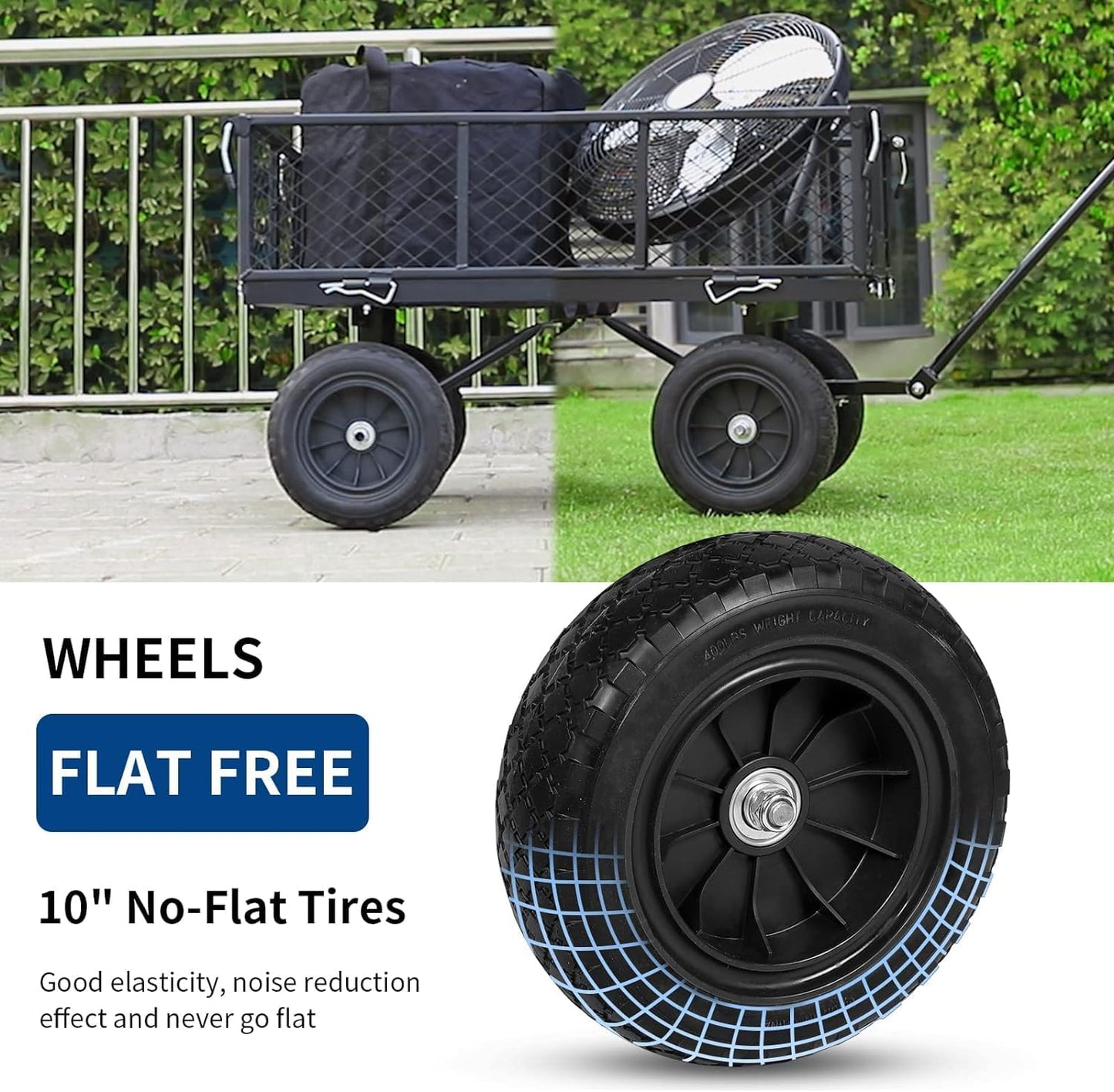 BILT HARD 10" Flat Free Tires Heavy Duty Garden Cart with 180° Rotating Handle and Removable Sides, 4 Cu.Ft 400 lbs Capacity Utility Steel Wagons for Outdoor