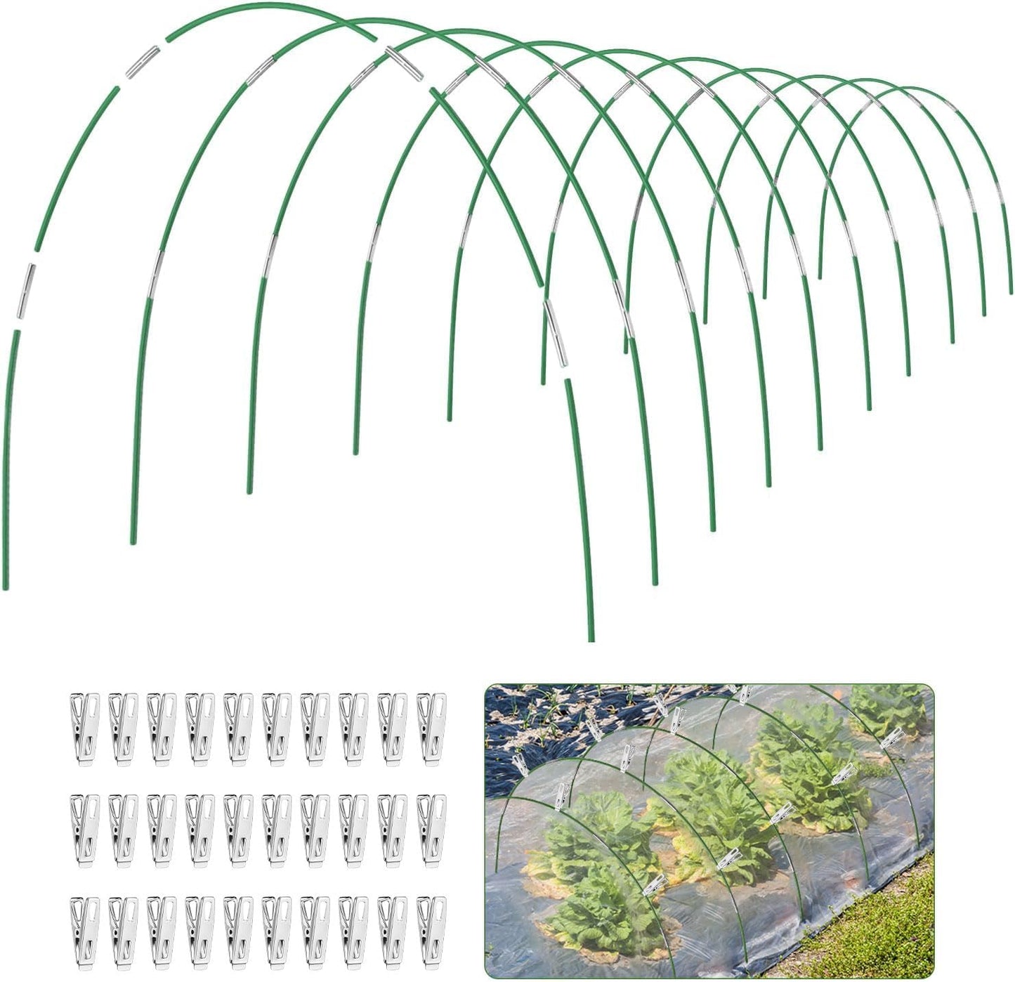 Garden Hoops for Raised Beds, 50pcs 7ft Grow Tunnel Greenhouse Support Hoops Rust-Free Frame for Garden Netting Row Cover Fabric, 10 Set DIY Fiberglass for 3 & 4 Ft Wide, 30pcs Clips