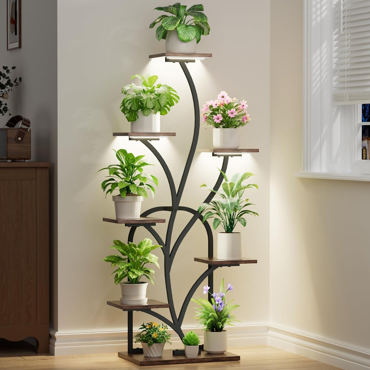 plant stand indoor with grow lights - 51" tall plant stand, corner plant shelf for indoor plants, 8 Tiered Lighted Flower holder, vase-shaped plant rack for living room, hallway, home décor