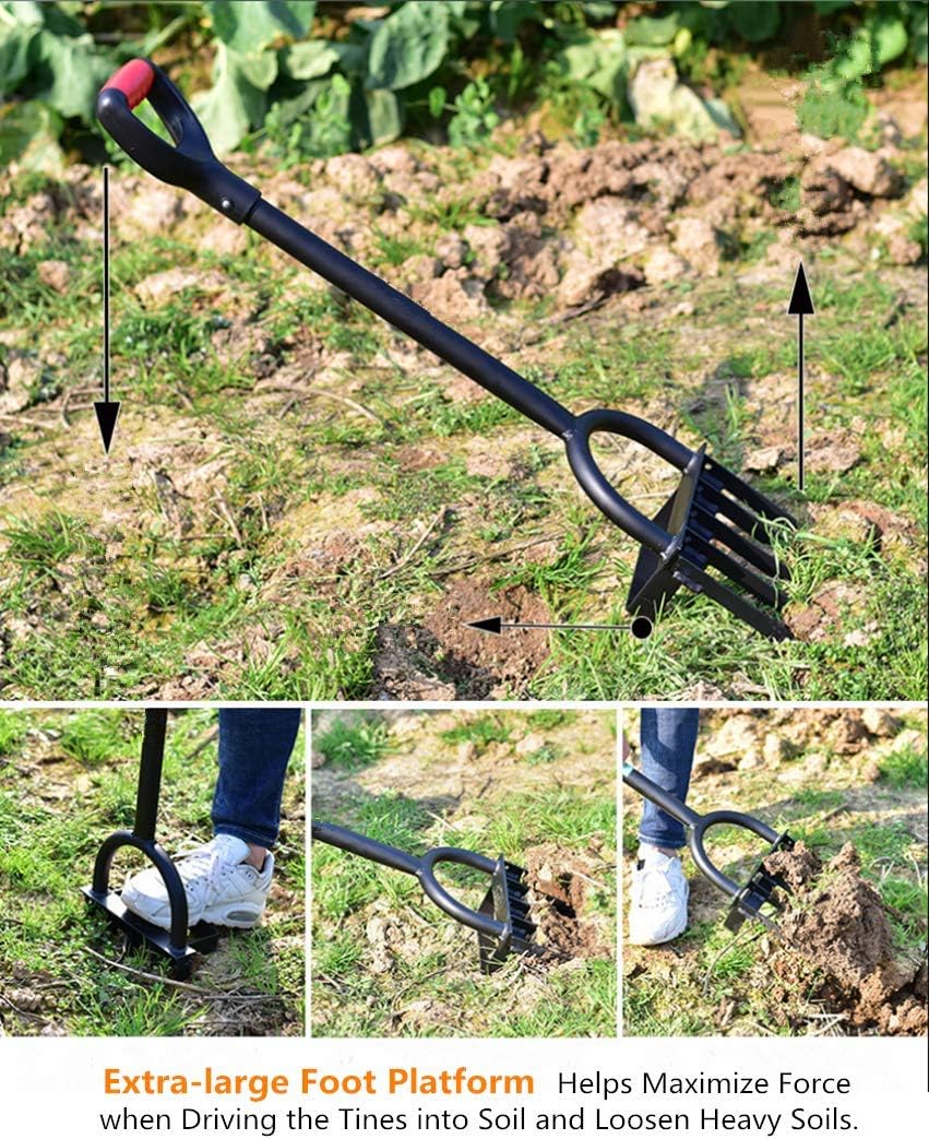 5-Tine Heavy Duty Pitch Fork for Gardening - Long Handled Digging Fork Garden Claw Weeder