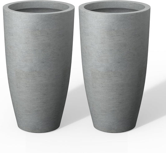 Kante 23.6" H Natural Concrete Tall Planters (Set of 2), Large Outdoor Indoor Decorative Plant Pots with Drainage Hole and Rubber Plug, Modern Style for Home and Garden