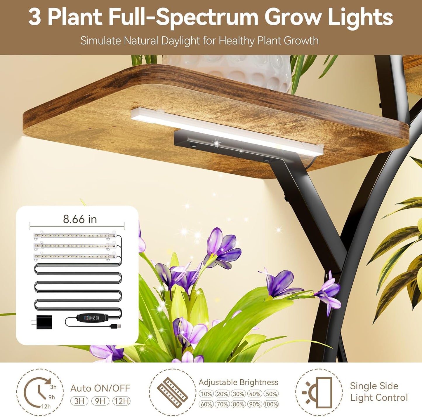 C3 Plant Stand Indoor with Grow Lights, 8 Tiered 62.2" Tall Plant Stand, Corner Large Metal & Wood Plant Shelf, S-Shaped Plant Display Shelves for Living Room, Patio, Outdoor