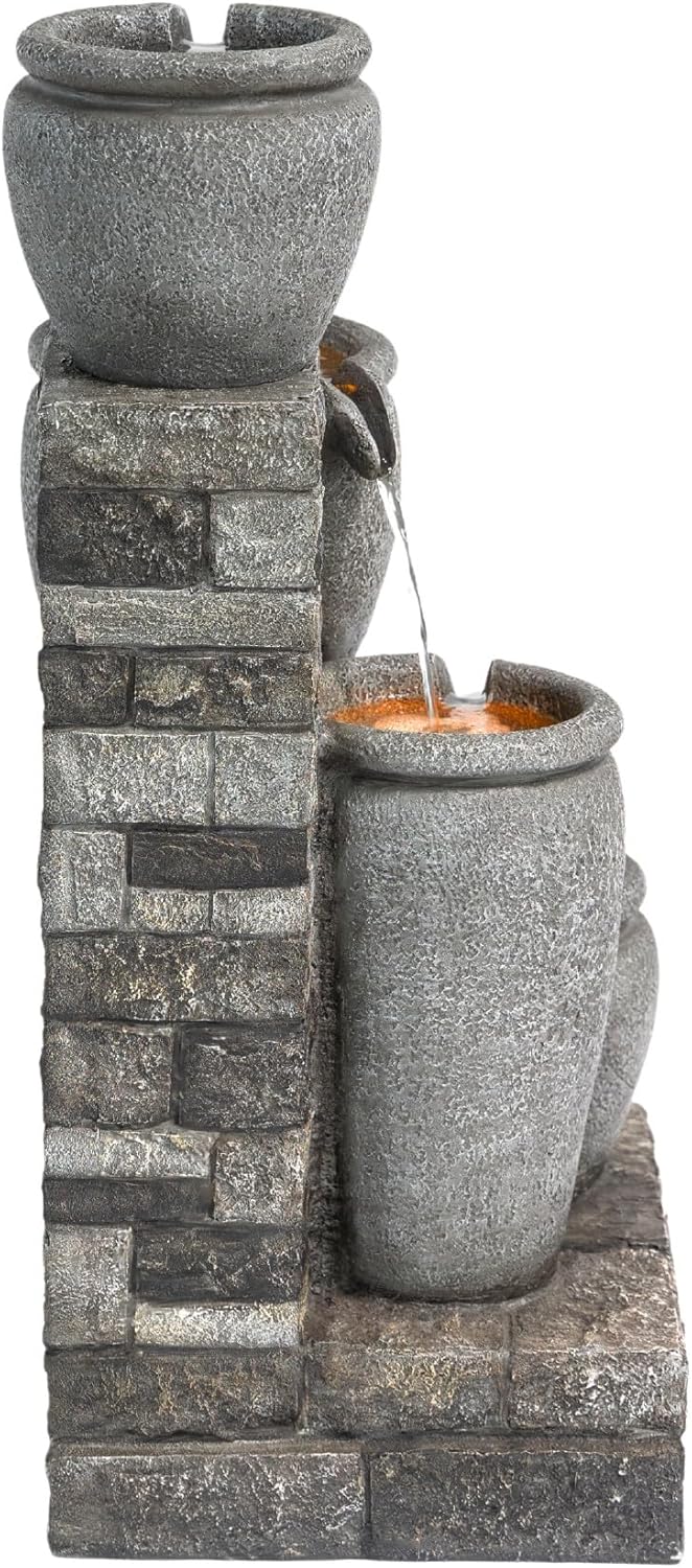 Teamson Home 30.7" 4-Tier Cascading Bowl Solar Powered Water Fountain for Outdoor Living Spaces, Gray