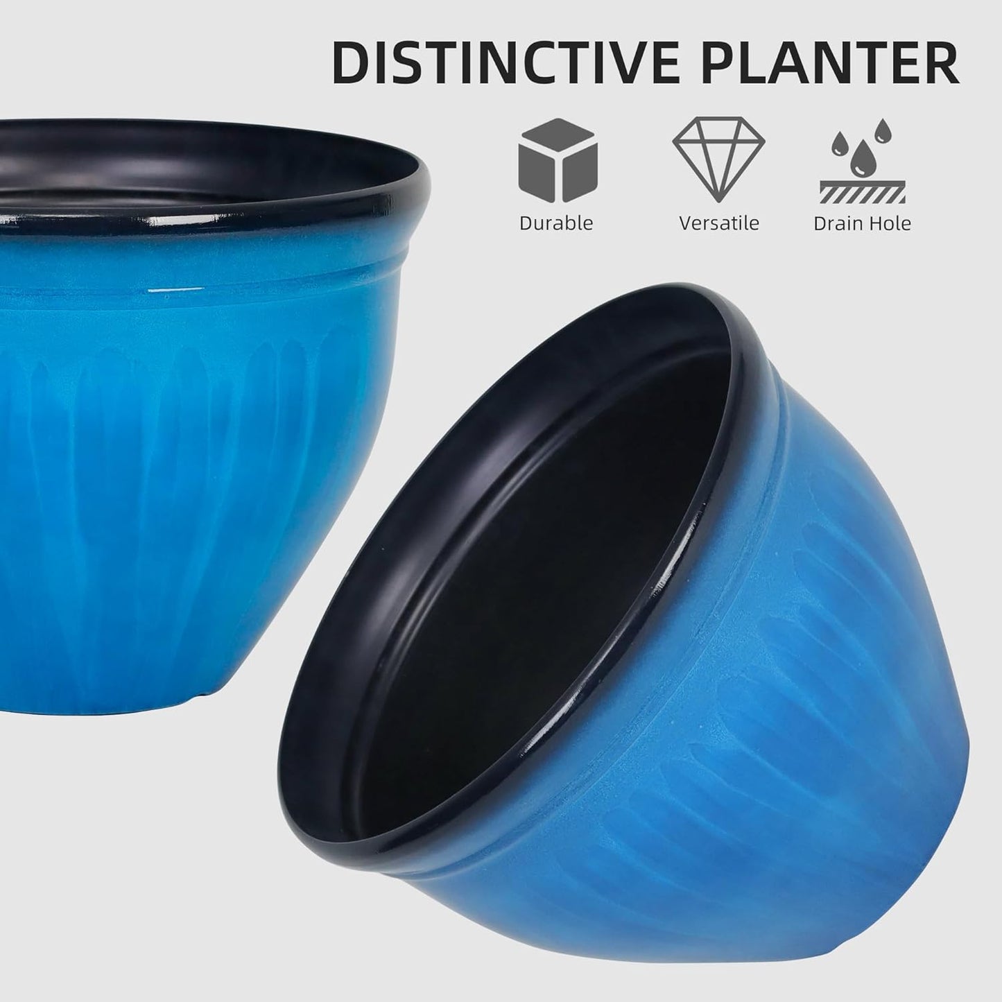 Worth Garden 8-Inch Dia. Round Blue Plastic Planters with Drain Holes, 5.9-Inch Height - 2-Pack Glossy Finish Bell-Shaped Plant Pot – Lightweight Indoor/Outdoor Flower Pots