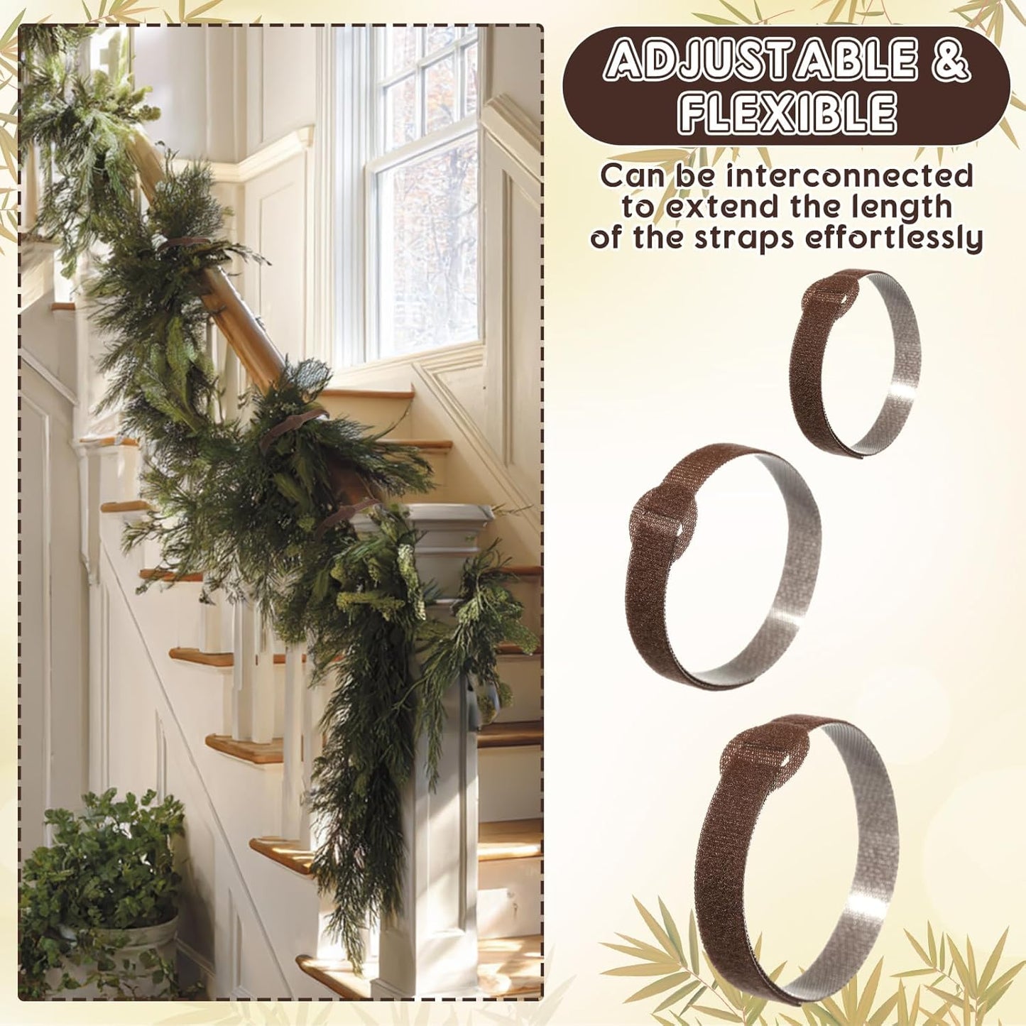 80 Pcs 12 Inch Christmas Garland Ties Brown Adjustable Holiday Banister Ties Reusable Fastener Strap Nylon Garden Plant Cable Strap Christmas Tree Wreath Hook Loop Organizer for Home Office