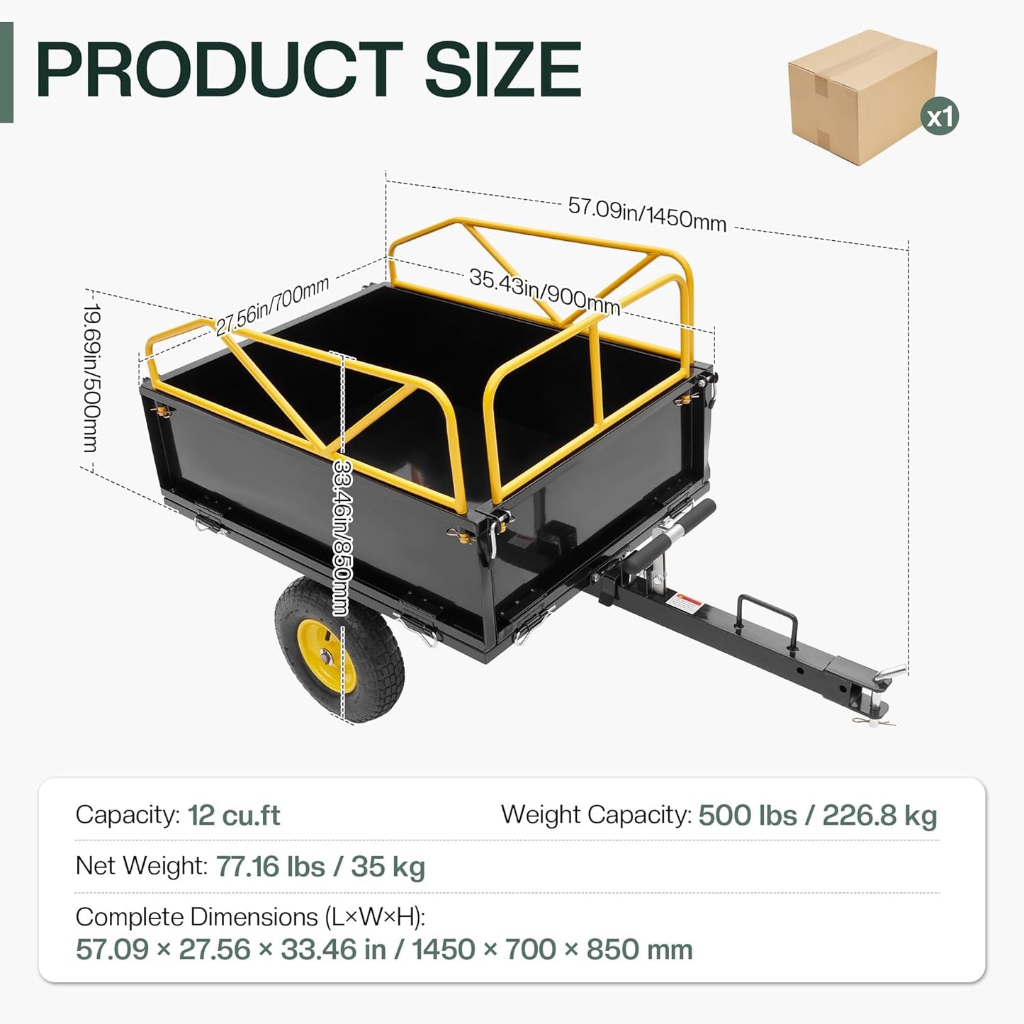 Jocisland Garden Utility Trailer, 500Lbs 12 Cu.Ft ATV UTV Trailer Tow Behind Dump Cart with Removable Sides, Rear Hitch & Convenient Handle, Outdoor Lawn Mower Cart for Tractor