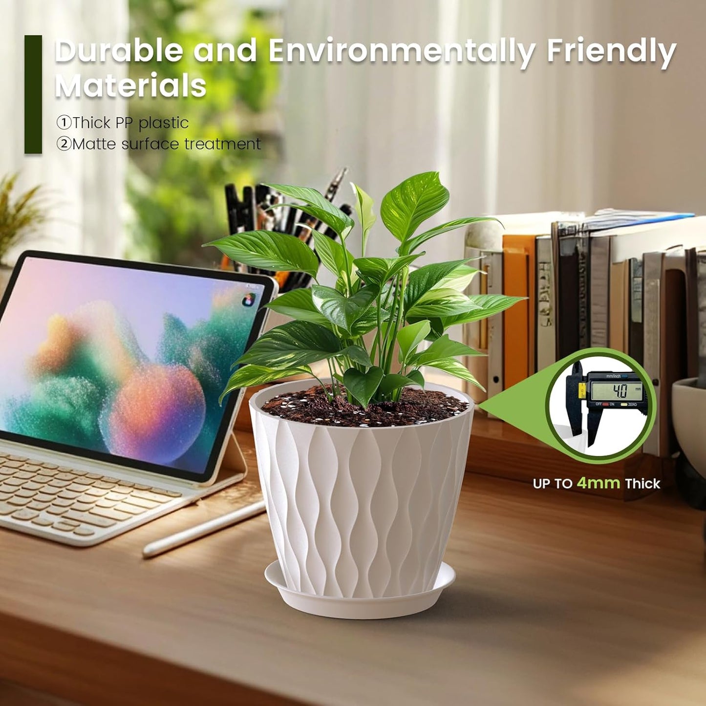 7 inch Plant Pots for Indoor Outdoor Plants, 5 Pack Thick Nursery Pots with Drainage Holes and Saucers, 3D Modern Wave Texture Plastic Planter Pots for Flowers and House Plants, Multicolor