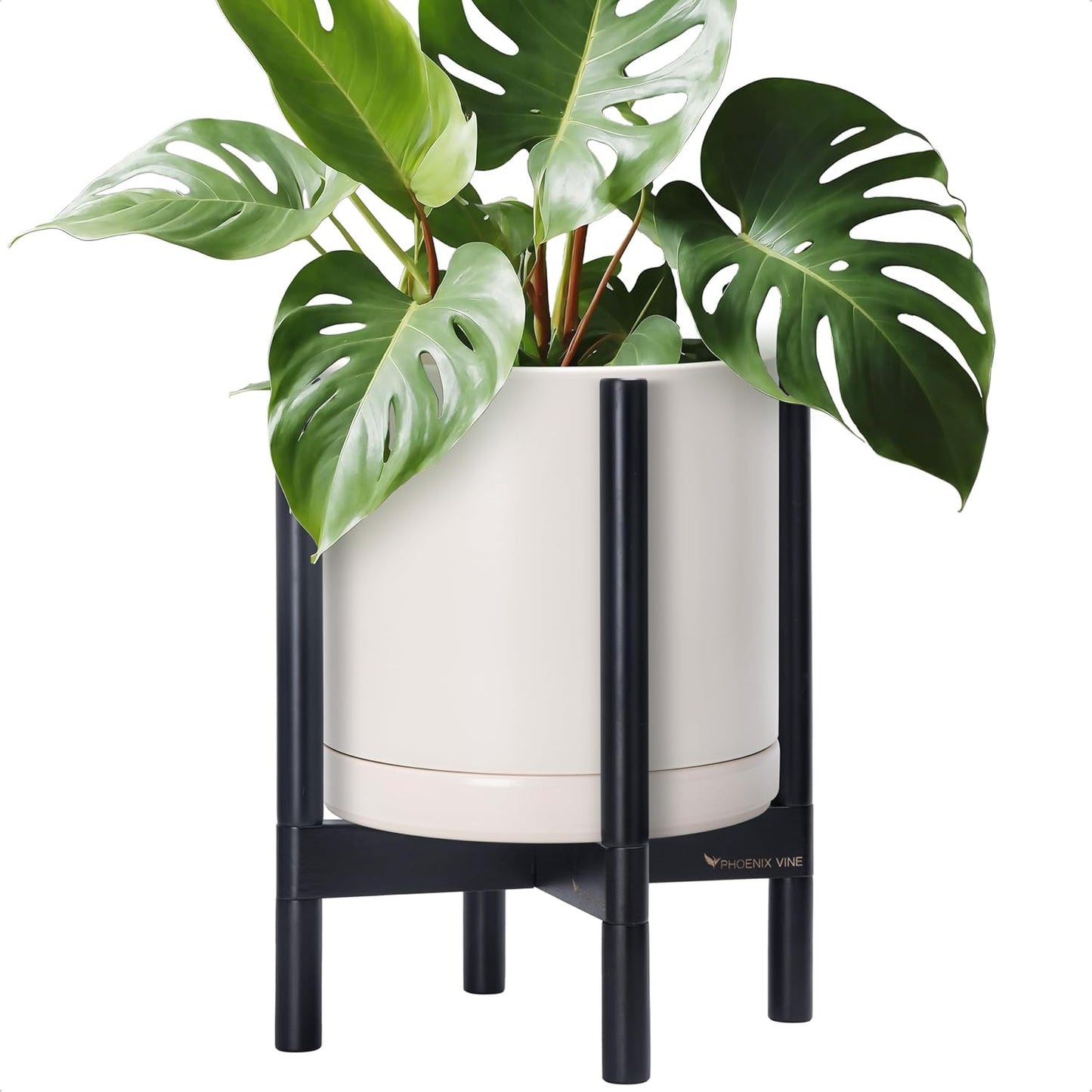 D'vine Dev Ceramic Planter with Ebony Stand - 12 Inch Modern Round Flower Pot with Wood Planter Holder, Oatmeal, 55-B-H-8