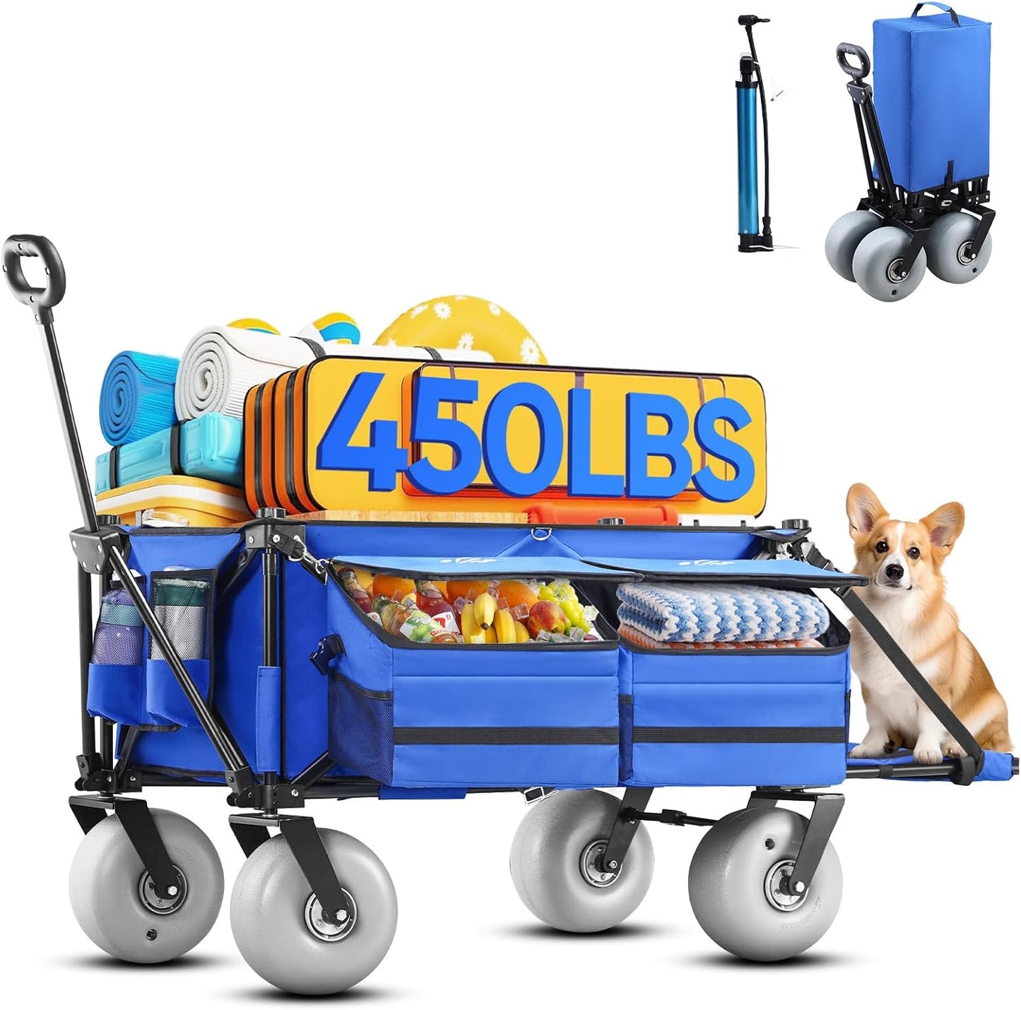 Beach Wagon with Big Wheels for Sand, 9" All-Terrain Balloon Wheels, Heavy Duty Folding Beach Cart 450lb Load, 260L Large Capacity Utility Wagon for Outdoor Sports (Dark Blue)