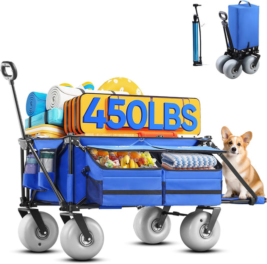 Beach Wagon with Big Wheels for Sand, 9" All-Terrain Balloon Wheels, Heavy Duty Folding Beach Cart 450lb Load, 260L Large Capacity Utility Wagon for Outdoor Sports (Dark Blue)