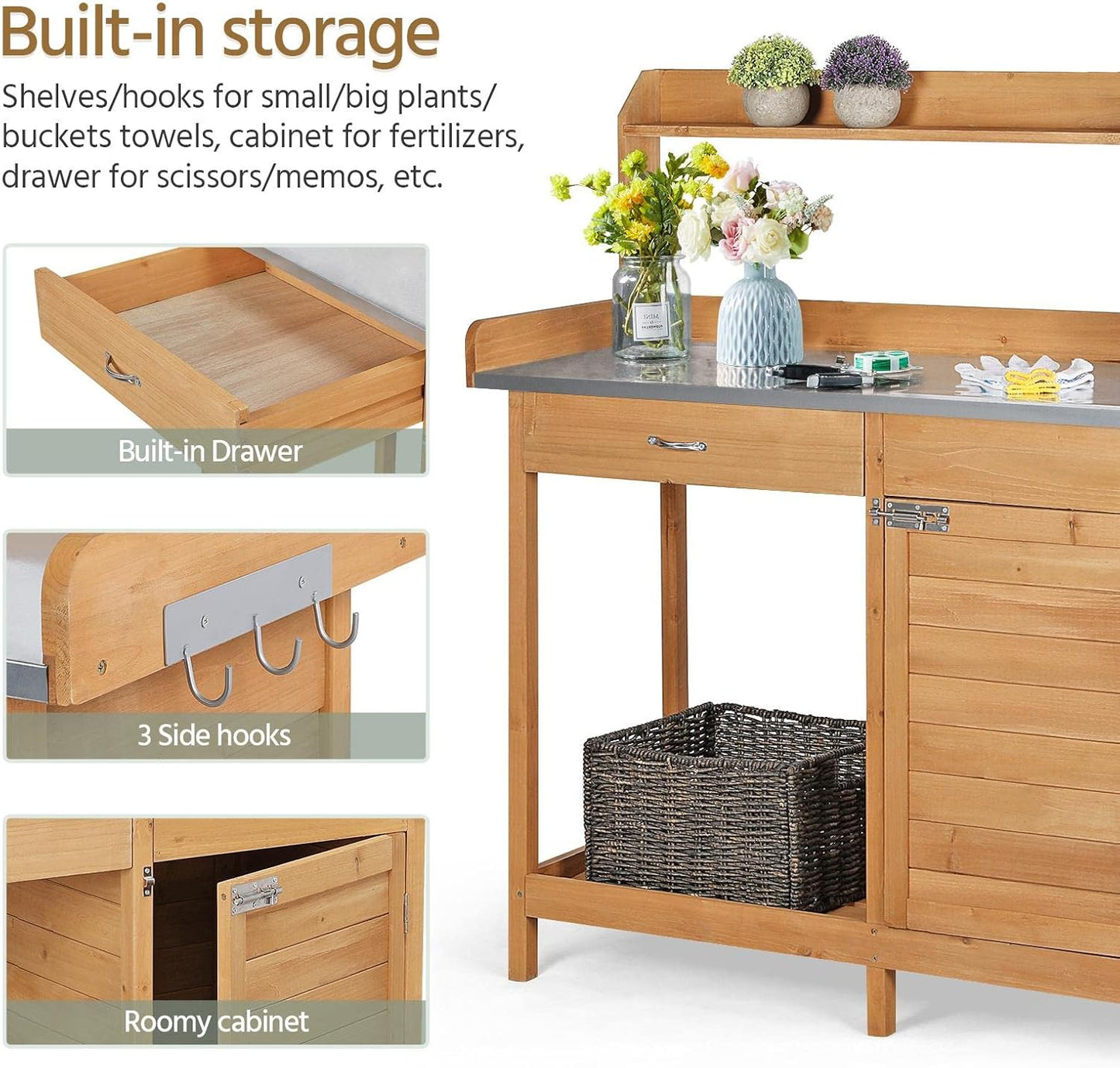 Yaheetech Outdoor Garden Potting Bench Table Work Bench Metal Tabletop W/Cabinet Drawer Open Shelf Natural Wood