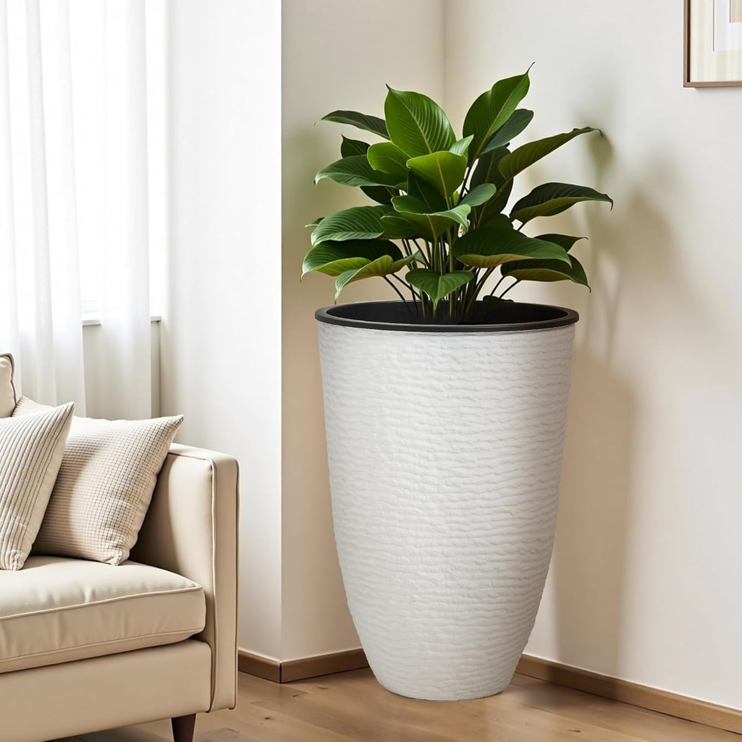 WORTH Garden 2-Pack 21" H. White Tall Planters with Inside Pots - 14'' Dia Plastic Large Round Plant Tree Pots - Decorative Imitation Stone Finish for Indoor Outdoor Front Porch Container Patio