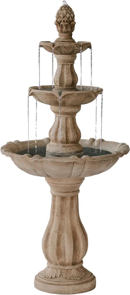 XBrand 3-Tier Freestanding Waterfall Fountain w/Pump & Pineapple Top, 51 Inch Tall, Beige, Large Outdoor Garden Fountain, Ideal for Garden, Porch, and Lawn