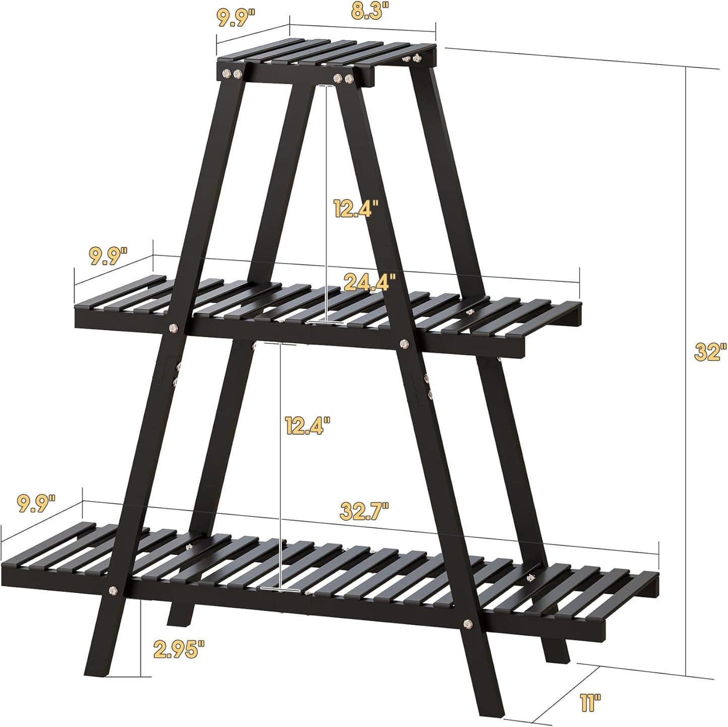 Bamboo Plant Stand Indoor/Outdoor, 3-Tier, Black, Rectangular, 8 Potted Flower Holder Ladder Plant Rack