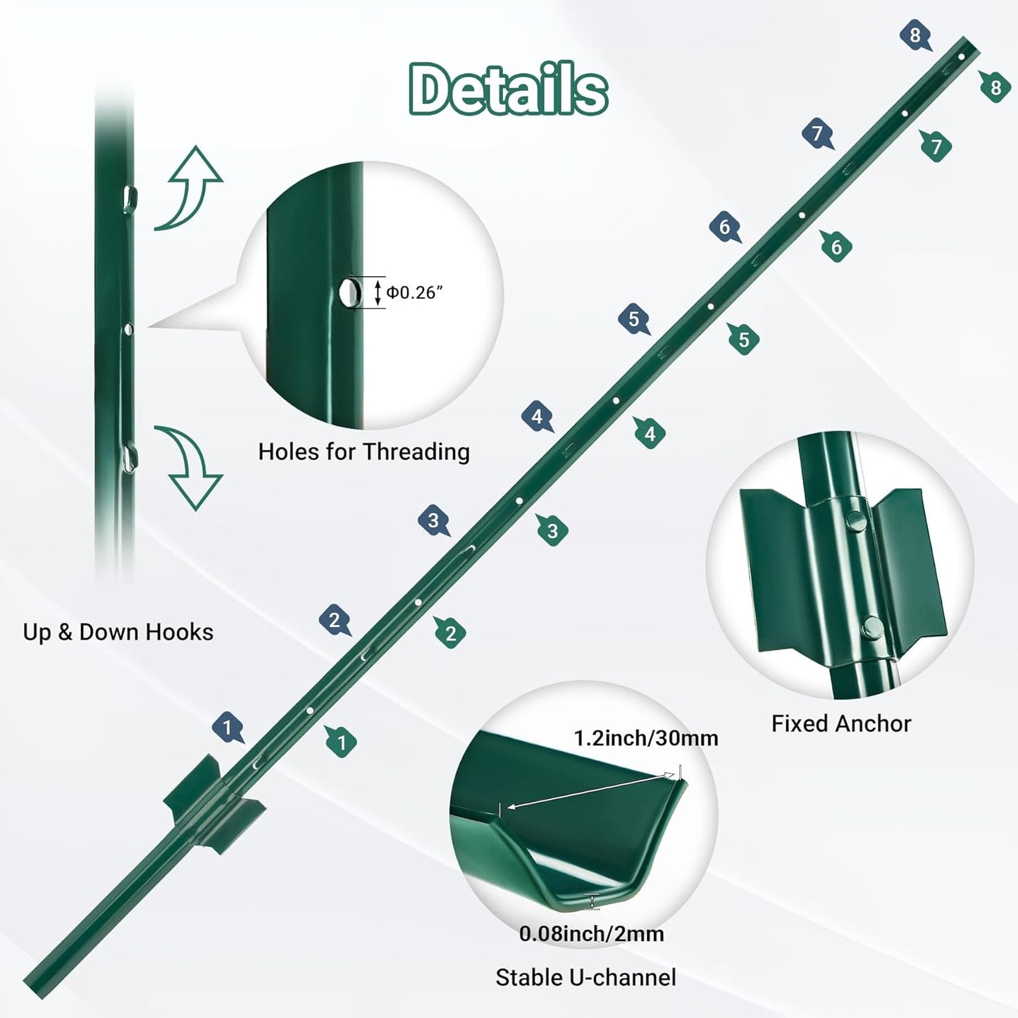 Fence Posts 4.8 Ft - 8 Pack, Heavy Duty Metal Fence Post, No Dig U Post for Farm, Garden, Orchard and Outdoor Wire Fencing (Green)