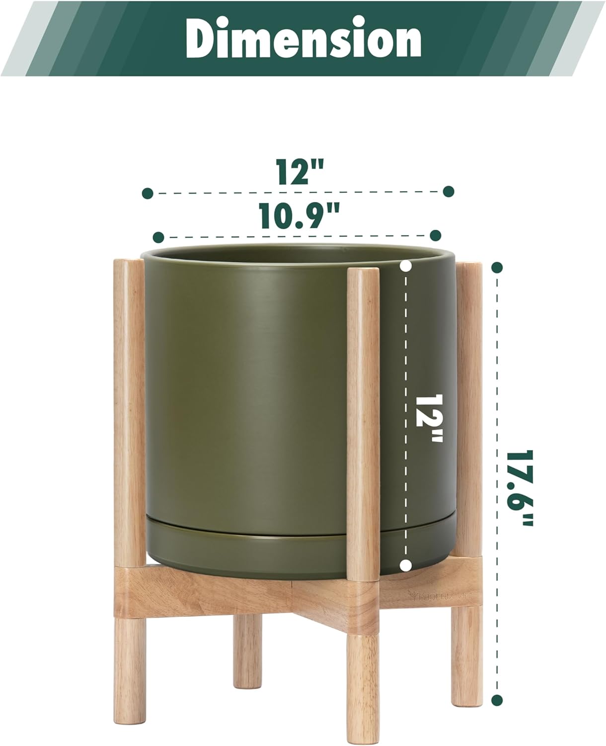 D'vine Dev Ceramic Planter with Natural Stand - 12 Inch Modern Round Flower Pot with Wood Planter Holder, Olive, 55-B-J-J