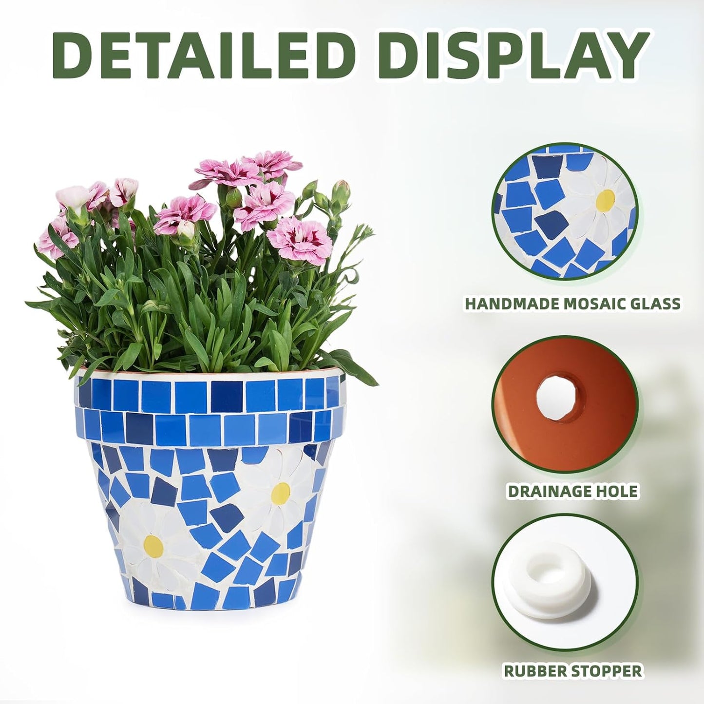 VOREEN Mosaic & Terracotta Plant Pots, 2 Pack Handmade Flower Pots with Drainage, Decorative Daisy Style Planters for Indoor Outdoor Plants, Home & Garden Decor, Gift for Mom Wife Friend