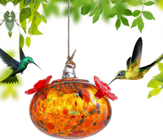 Small Colorful Hummingbird Feeder Glass for Outdoors Window Hanging Blown Glass Hummingbirds Feeders for Outside with 2 Feeding Ports Ant and Bee Resistant Humming Birds Feeder Gifts for Women