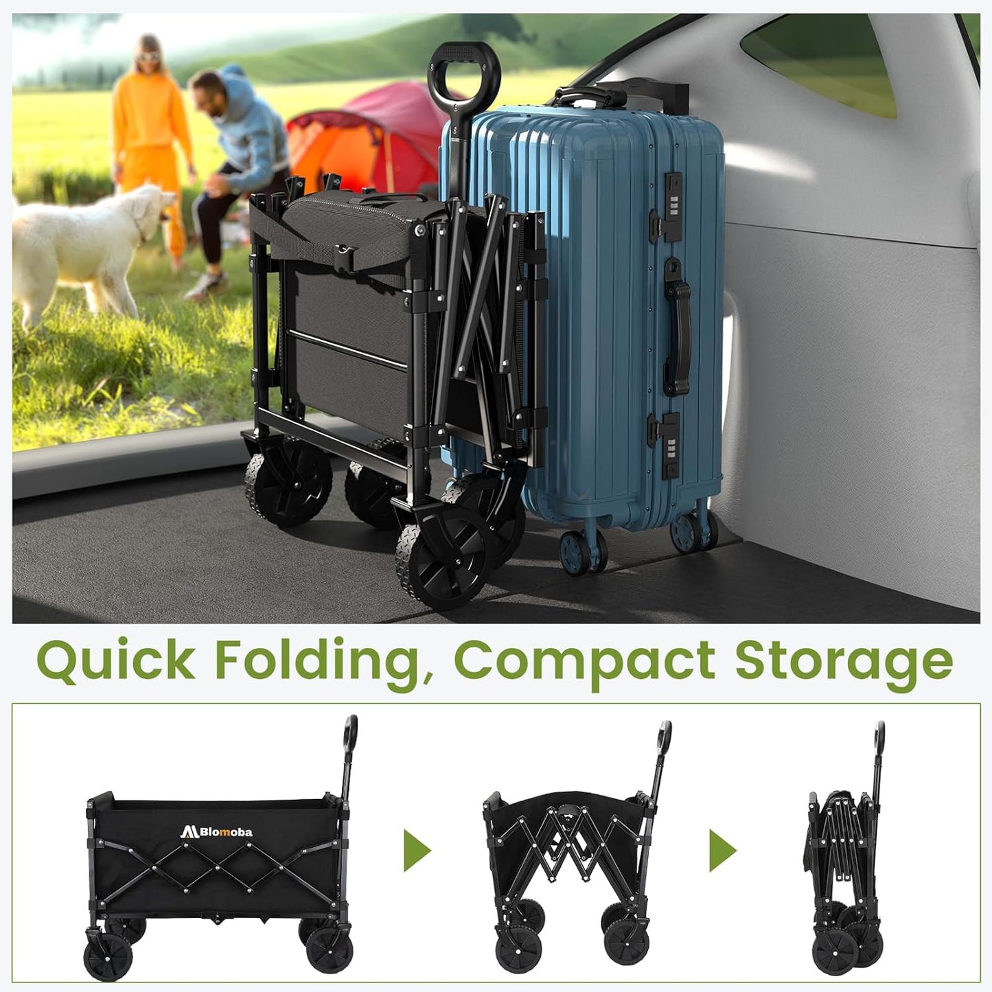 220LBS Foldable Wagon with All-Terrain Wheels, Portable Wagon Cart with Extended Tailgate, Adjustable Handle, Utility Cart for Camping, Shopping, Garden, Sports, Grocery, Black