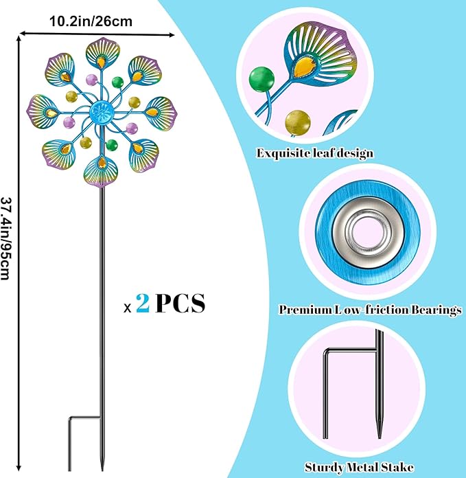 Peacock Wind Spinner Outdoor, Standing Wind Sculpture Yard Art Decorations, Metal Windmill for Patio Lawn & Garden Decor (2pcs-Blue Green)