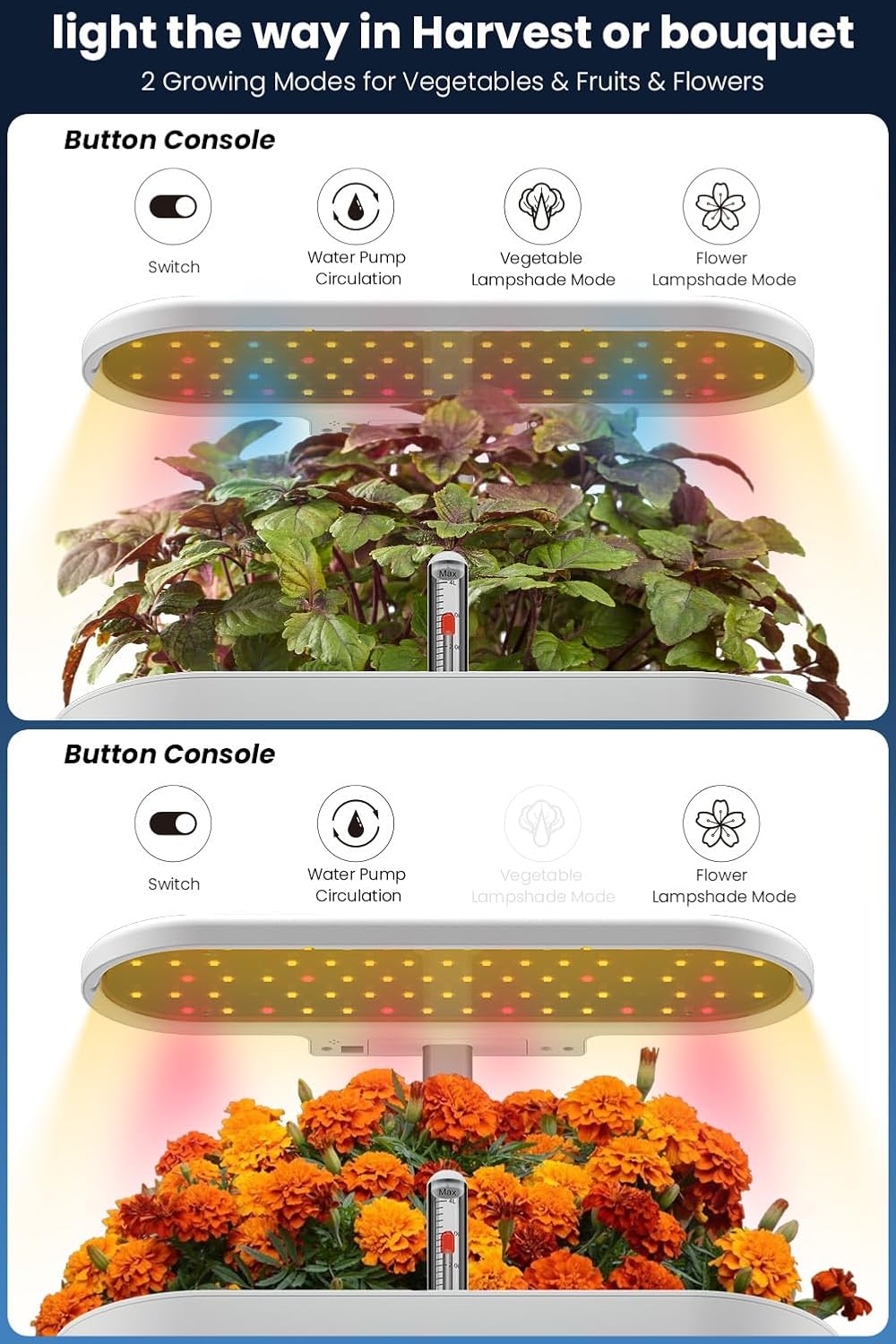 inBloom 12 Pods Hydroponics Growing System Indoor Garden with LED Grow Light and Pod Kit, Plants Germination Kit with 4.2L Water Pump Accelerate, Height Adjustable, Gardening Gifts for Women, White